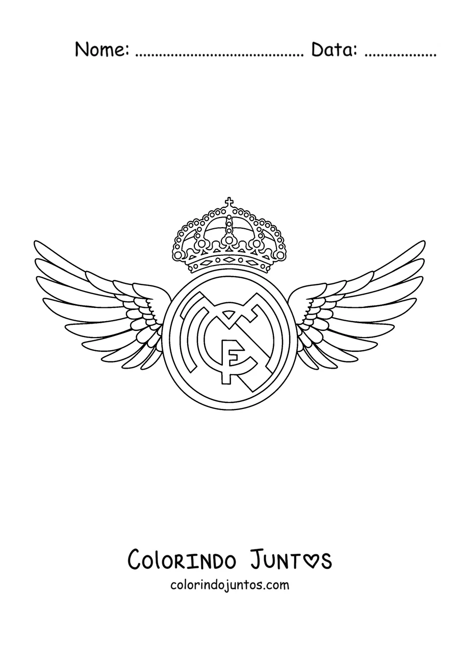 Desenho para colorir do escudo do Real Madrid com asas grandes dos lados