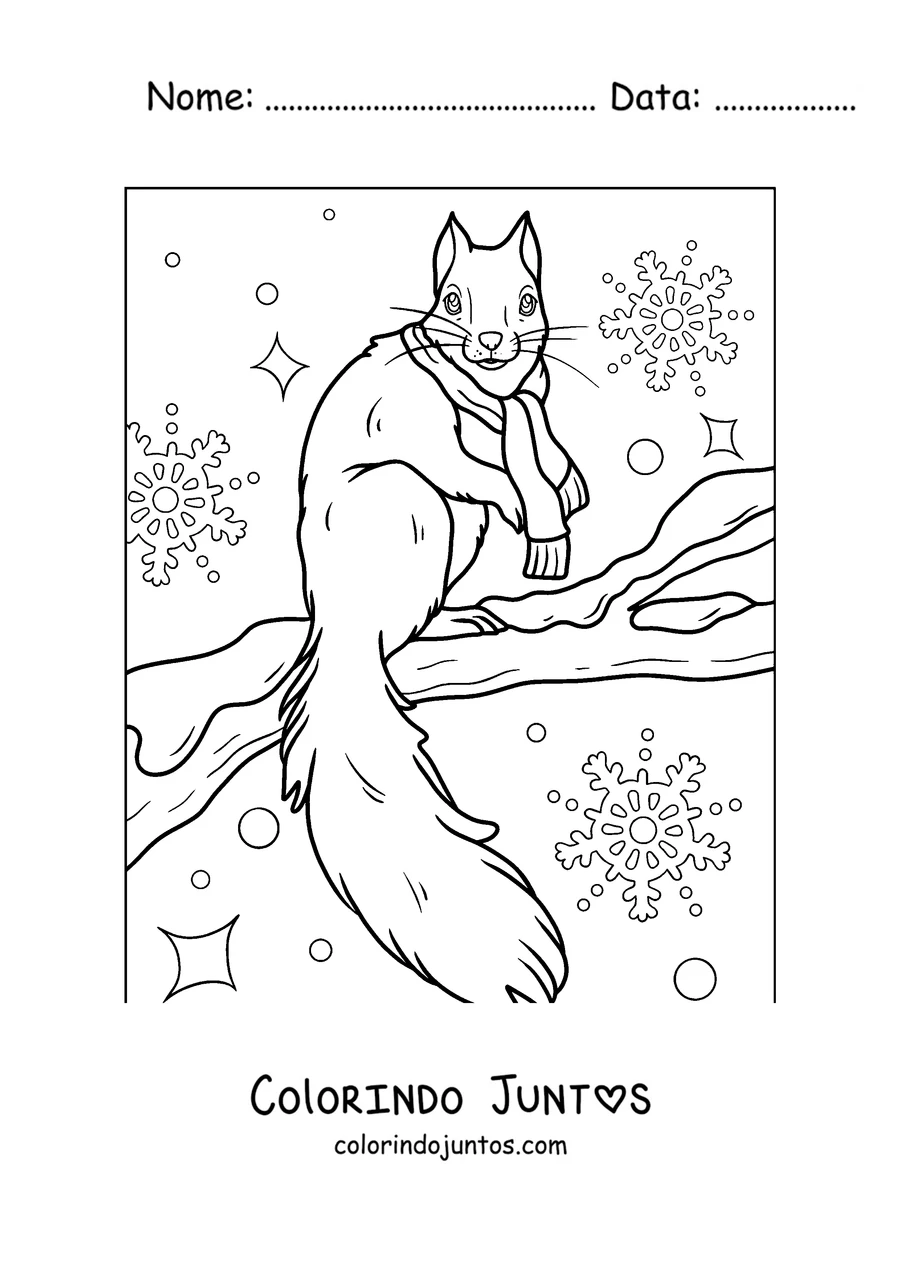 Desenho para colorir de um esquilo com cachecol num galho com neve
