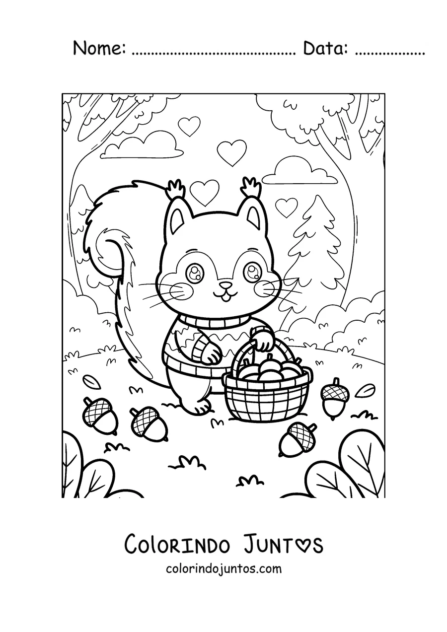 Desenho para colorir de um esquilo de suéter com uma cesta de bolotas