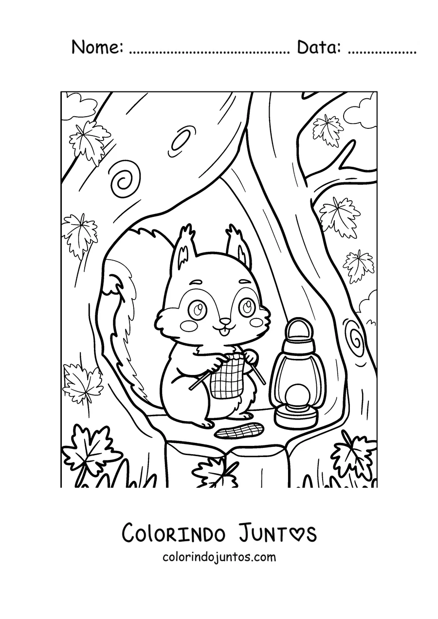 Desenho para colorir de um esquilo no buraco de uma árvore ao lado de um lampião