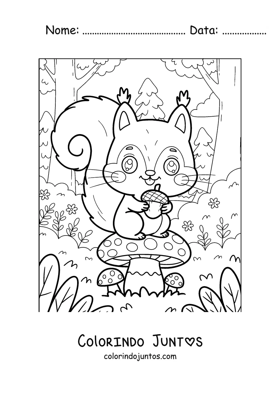 Desenho para colorir de um esquilo sentado num cogumelo com uma bolota