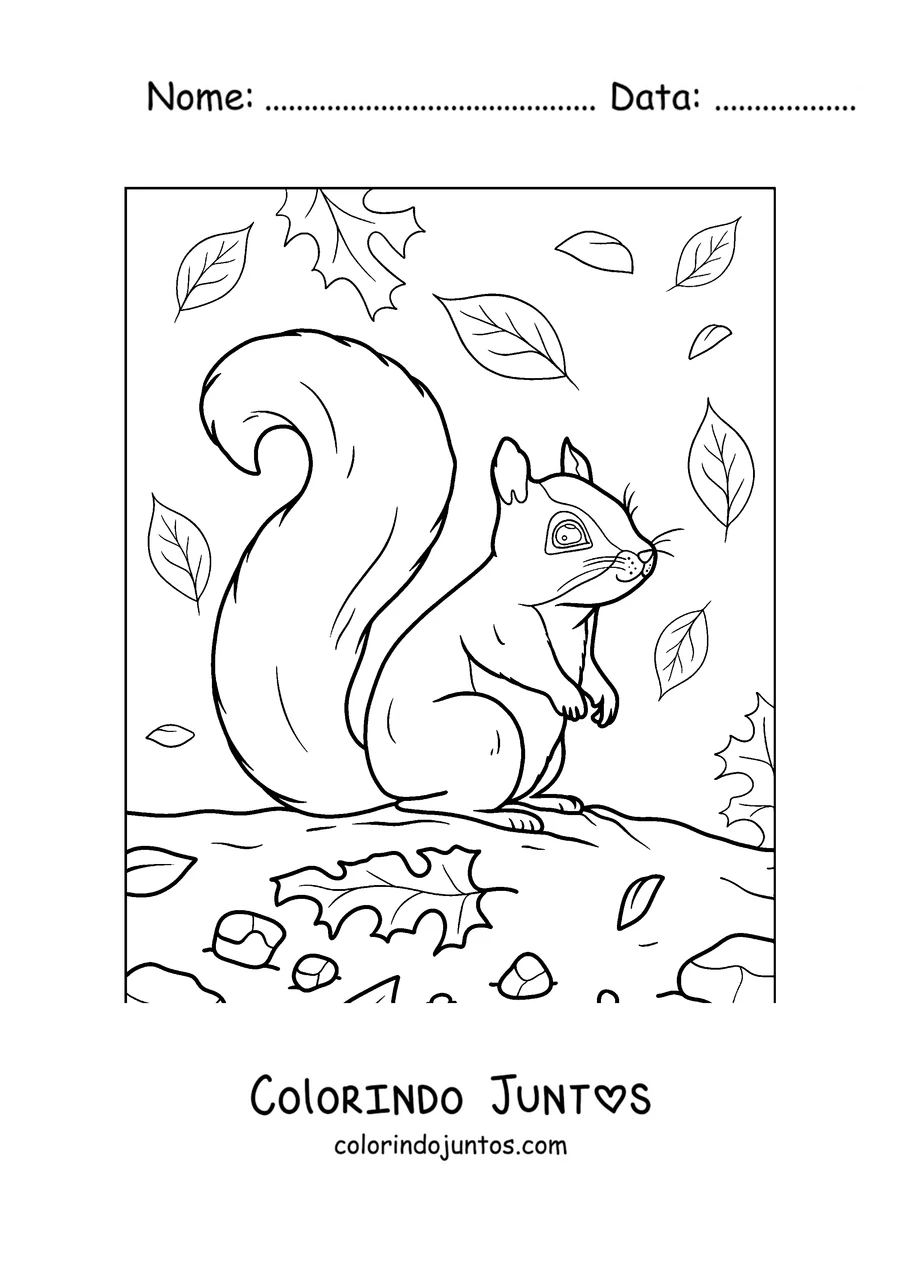 Desenho para colorir de um esquilo entre as folhas de outono