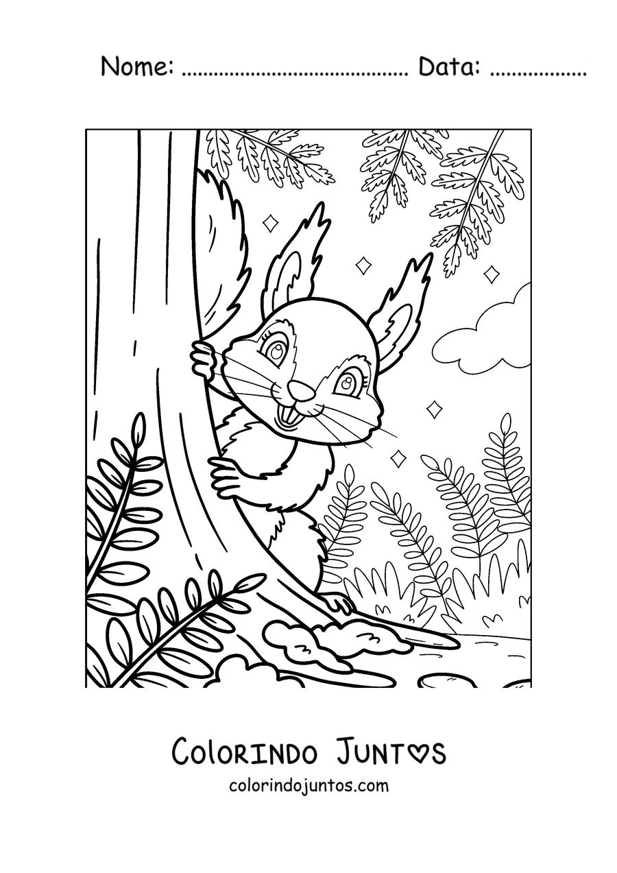 Desenho para colorir de um esquilo subindo no tronco de uma árvore