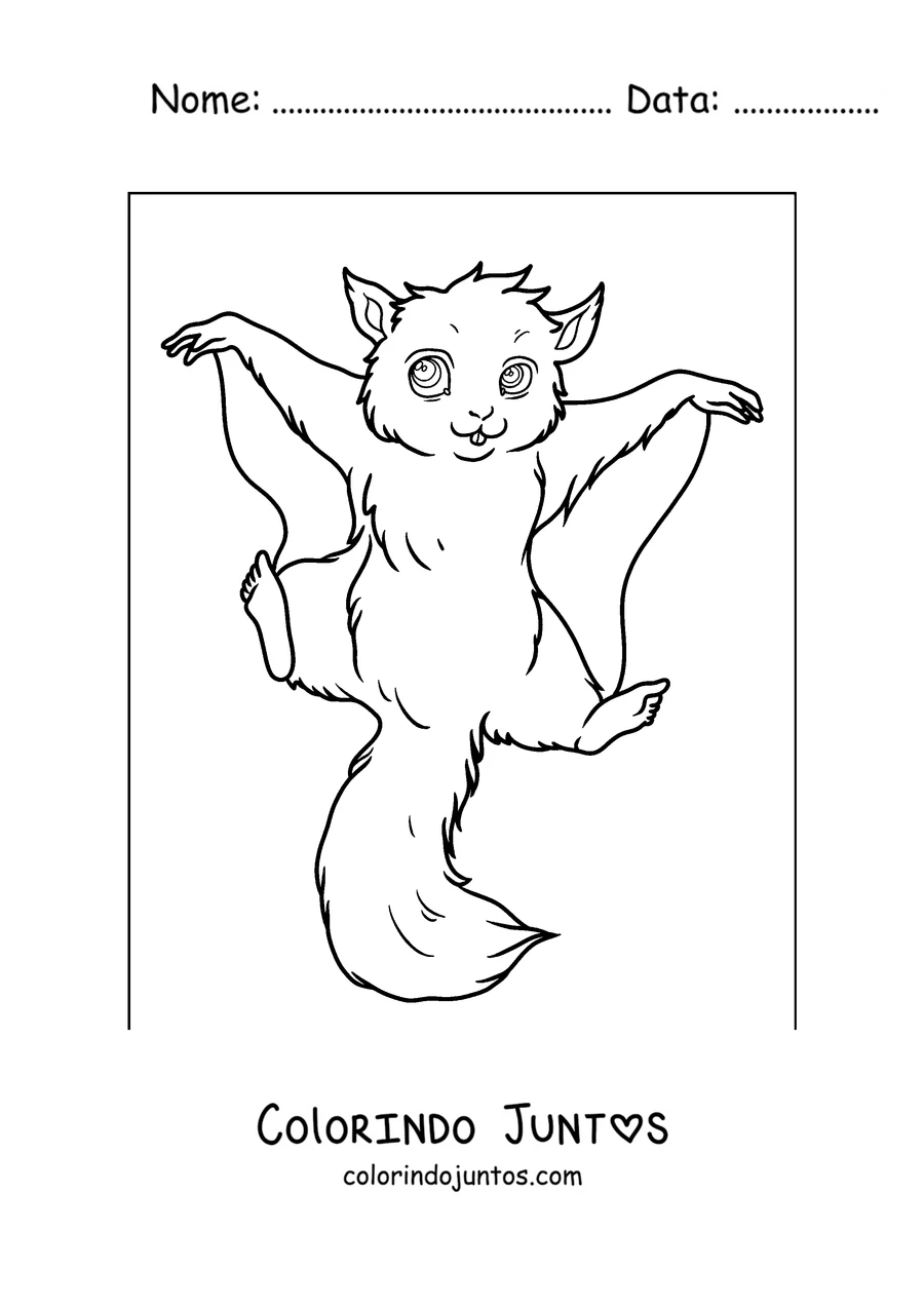 Desenho para colorir de um esquilo voador planando com as patas abertas