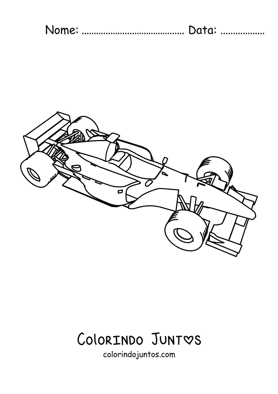 Desenho para colorir de um carro de Fórmula 1 acelerando ao sair de uma curva