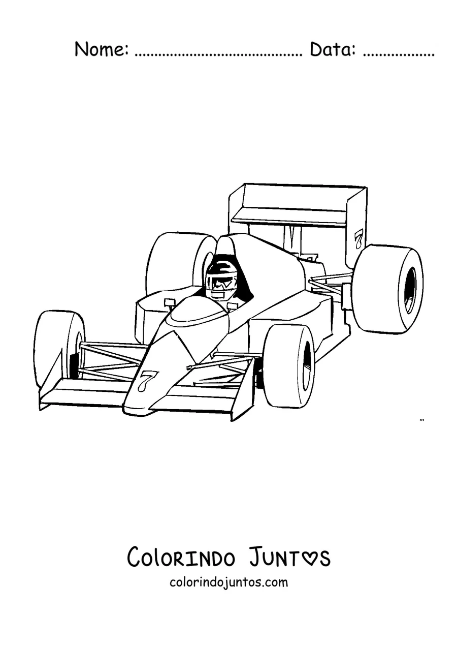 Desenho para colorir de um carro de Fórmula 1 com o piloto sentado no cockpit