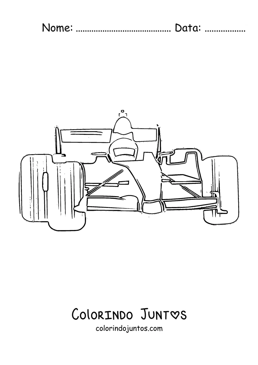 Desenho para colorir de um carro de Fórmula 1 visto de frente com o piloto