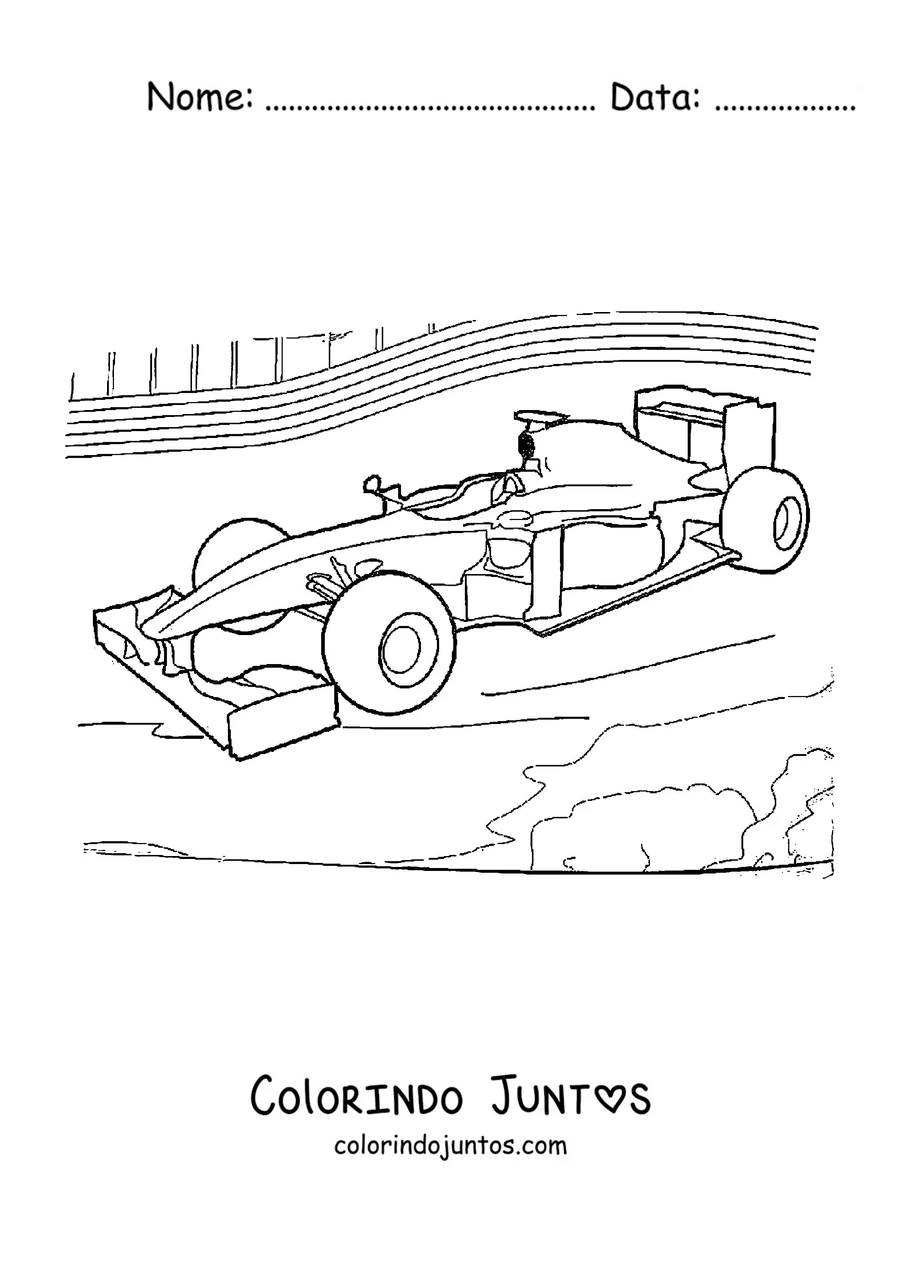 Desenho para colorir de um carro de Fórmula 1 de perfil correndo na pista