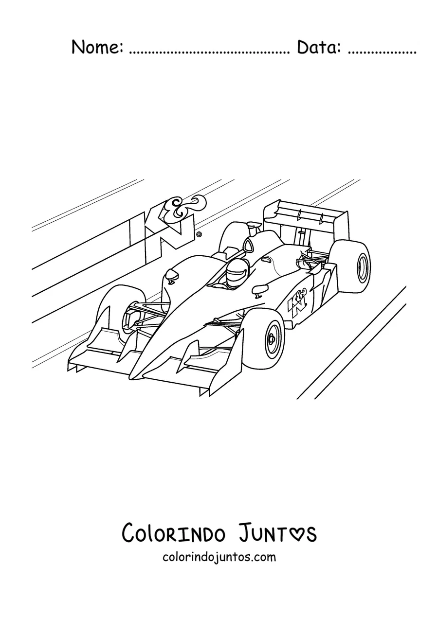Desenho para colorir de um carro de Fórmula 1 em alta velocidade com linhas de movimento