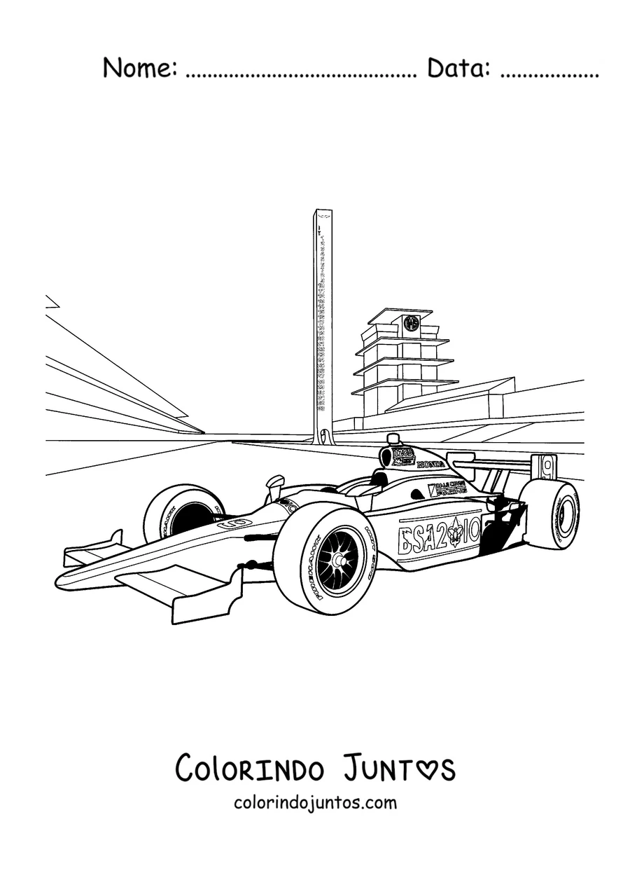 Desenho para colorir de um carro de Fórmula 1 correndo no circuito diante das arquibancadas