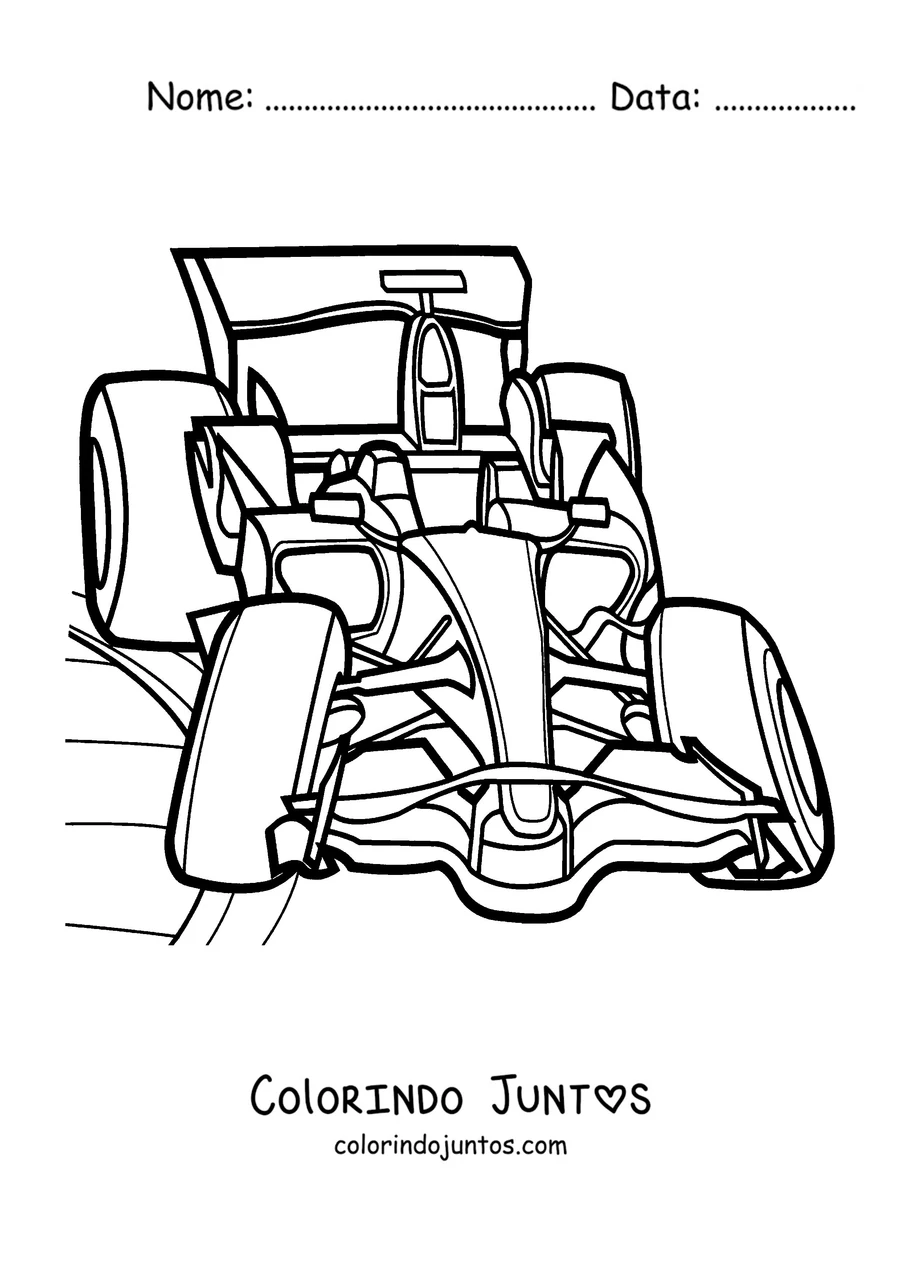 Desenho para colorir de um monoposto de Fórmula 1 aerodinâmico visto de frente