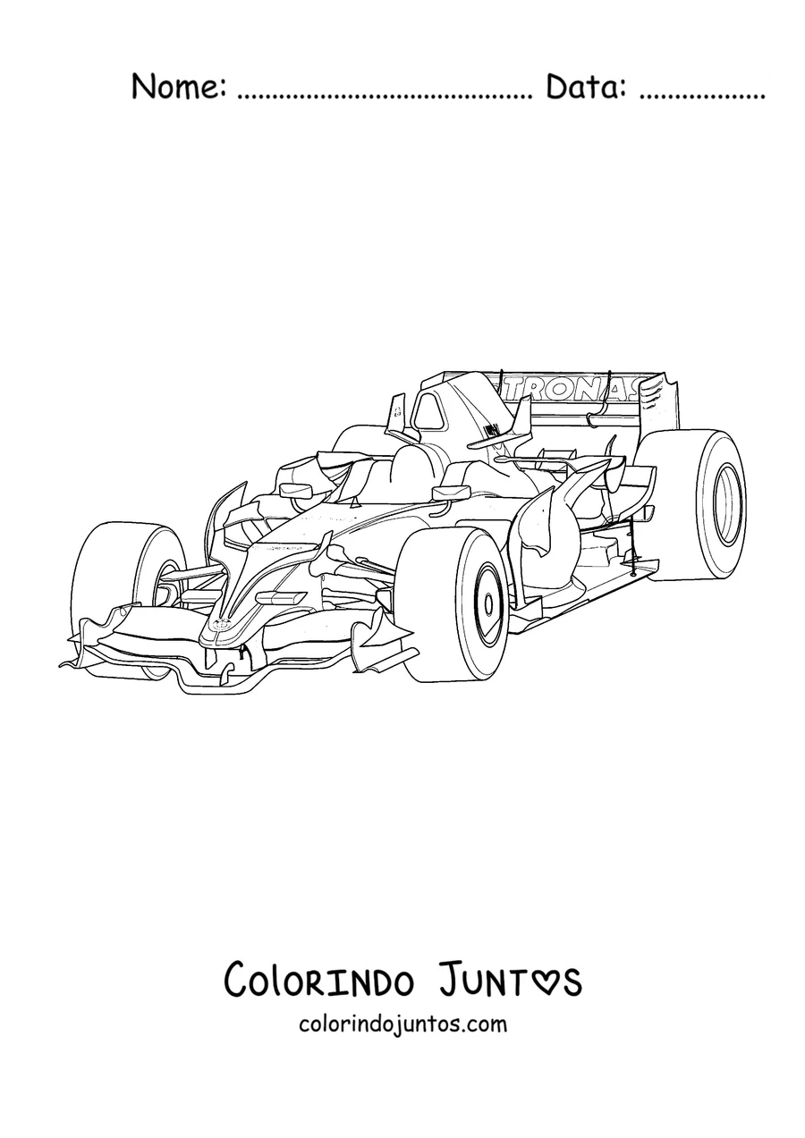 Desenho para colorir de um carro de Fórmula 1 visto de três quartos pela frente