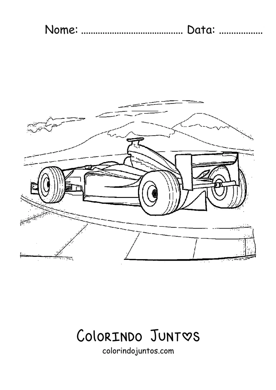 Desenho para colorir de um carro de Fórmula 1 visto de trás com a paisagem do circuito