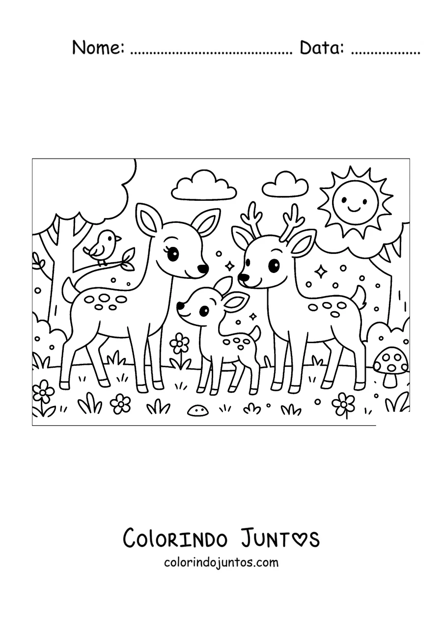 Desenho para colorir de uma família de cervos na floresta