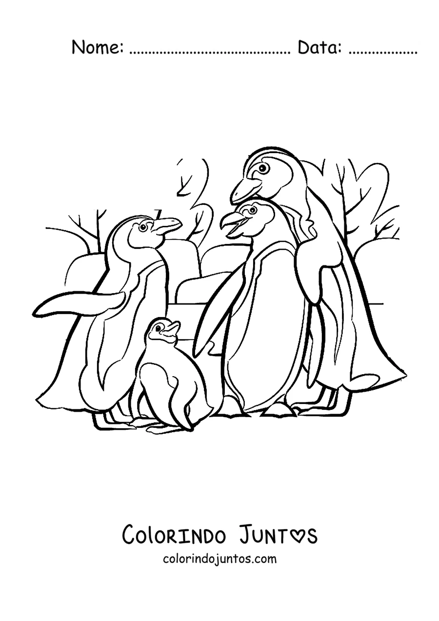 Desenho para colorir de uma família de pinguins com o filhote