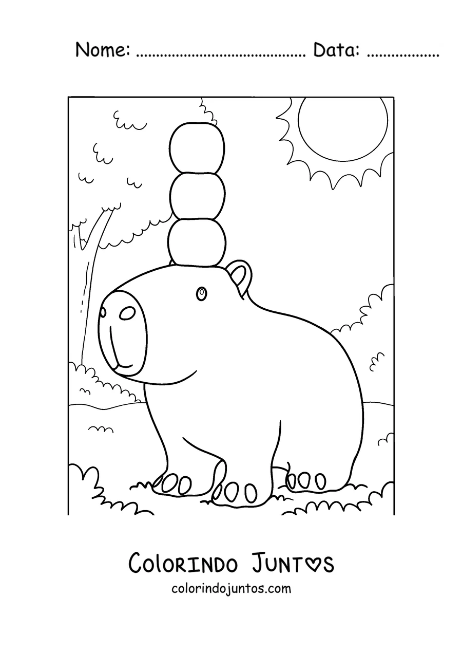 Desenho para colorir de um filhote de capivara com maçãs na cabeça