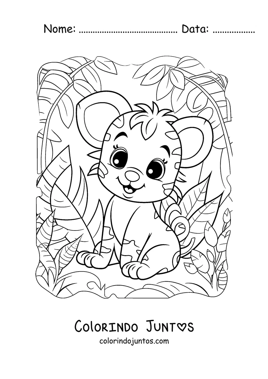 Desenho para colorir de um filhote de tigre sorridente sentado na selva