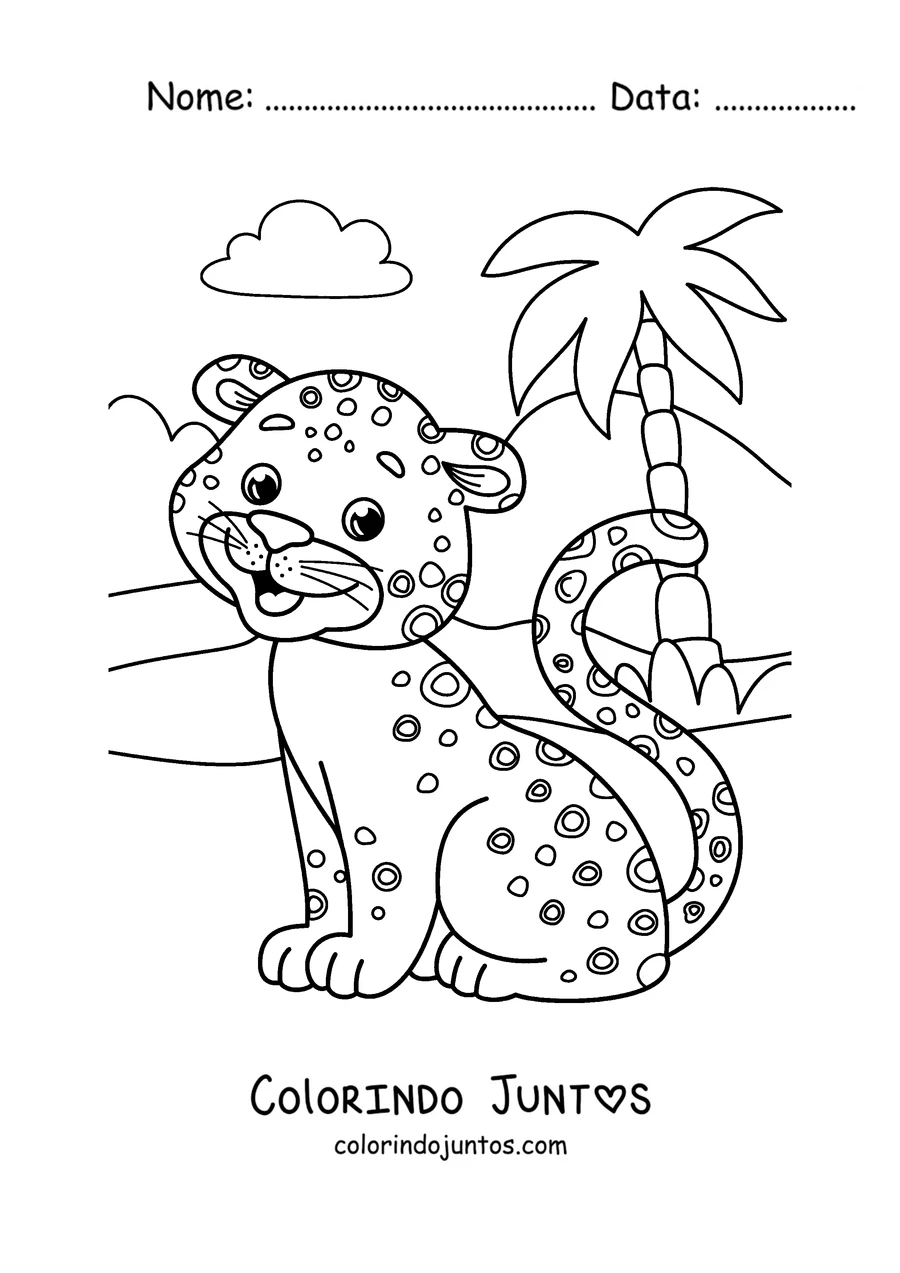 Desenho para colorir de um filhote de guepardo ao lado de uma palmeira
