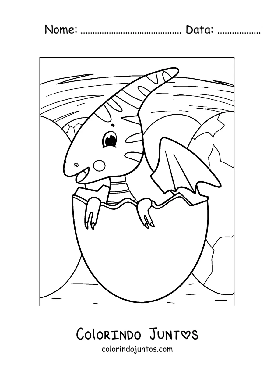 Desenho para colorir de um filhote de pterodáctilo saindo do ovo