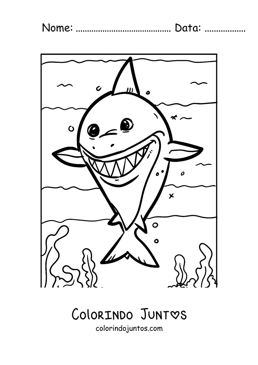 Desenho para colorir de um filhote de tubarão com um grande sorriso