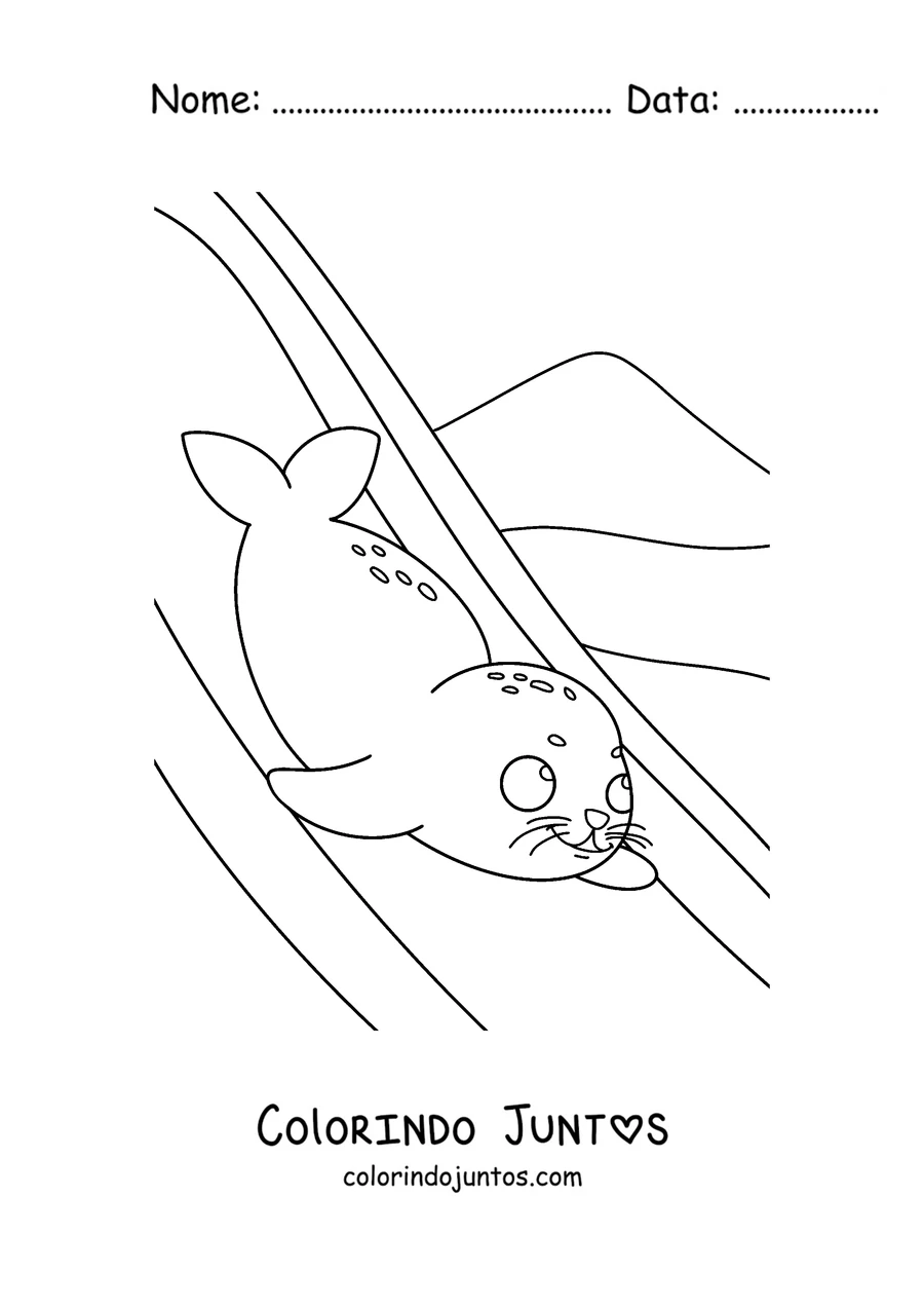 Desenho para colorir de uma foca deslizando na neve
