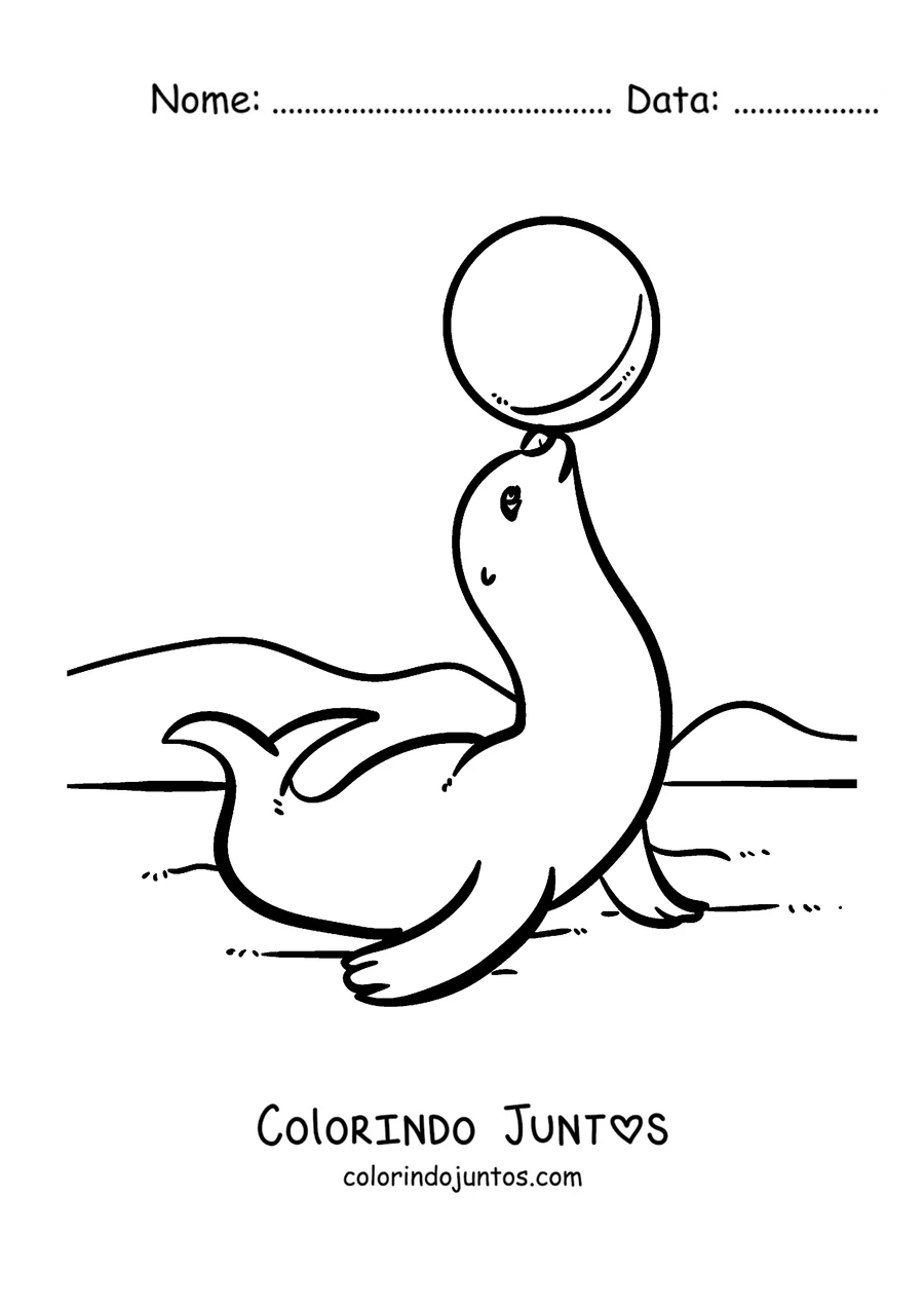 Desenho para colorir de uma foca equilibrando uma bola no nariz