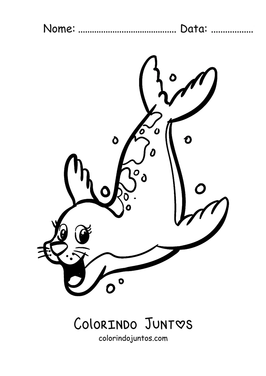 Desenho para colorir de uma foca mergulhando entre bolhas