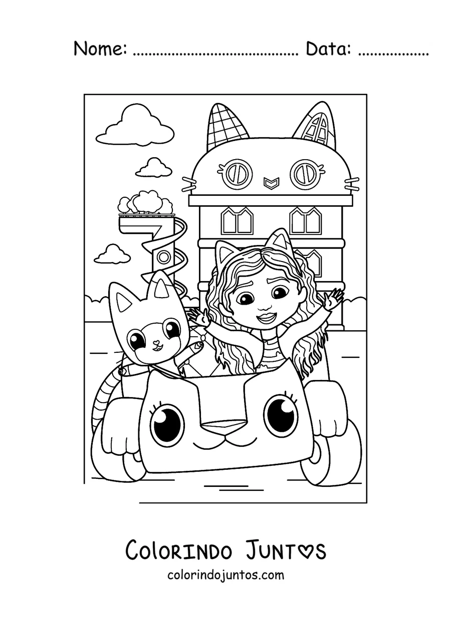 Desenho para colorir da Gabby e do Pandy Paws passeando no carrinho Carlita em frente à casa de bonecas