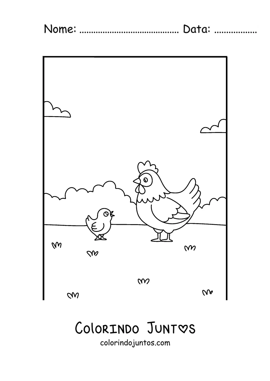 Desenho para colorir de uma mamae galinha com seu pintinho