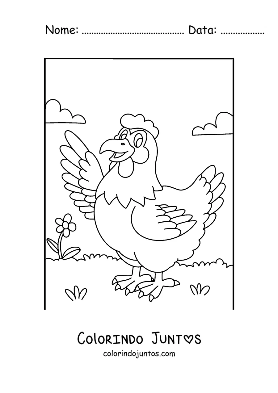 Desenho para colorir de uma galinha de desenho animado acenando com a asa