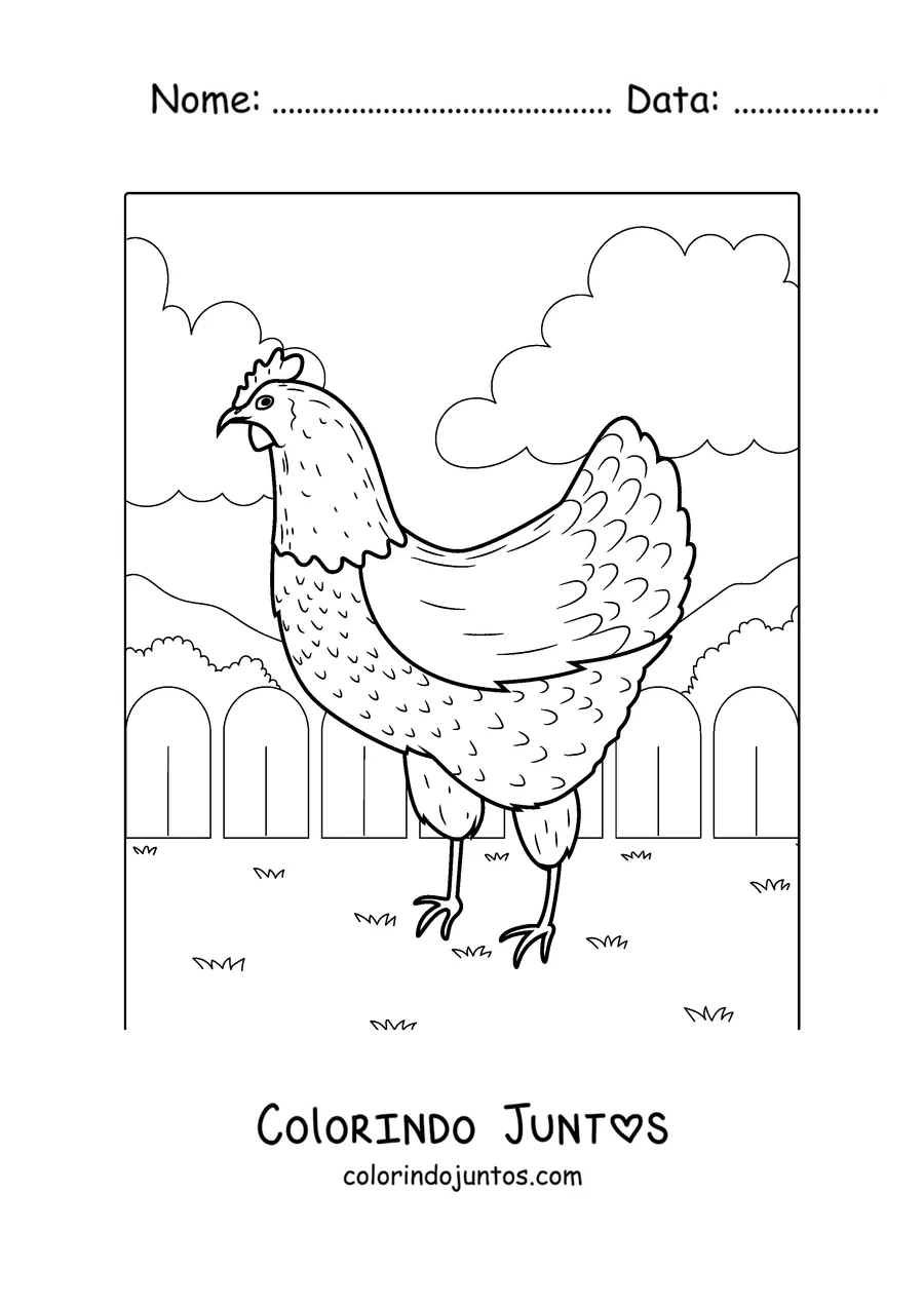 Desenho para colorir de uma galinha detalhada andando no quintal