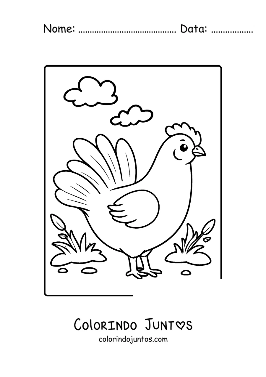Desenho para colorir de uma galinha em pe na grama