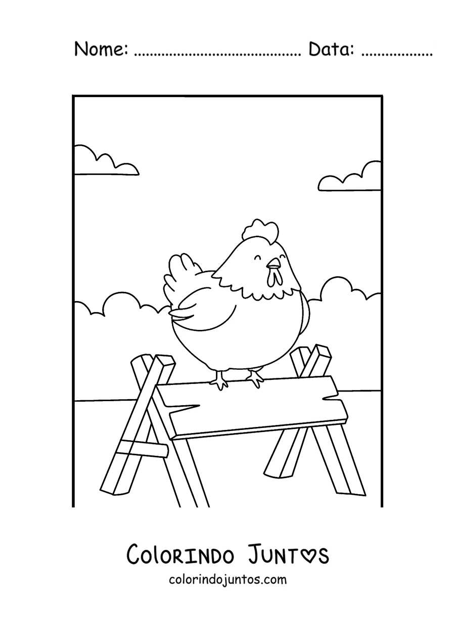 Desenho para colorir de uma galinha empoleirada num pau