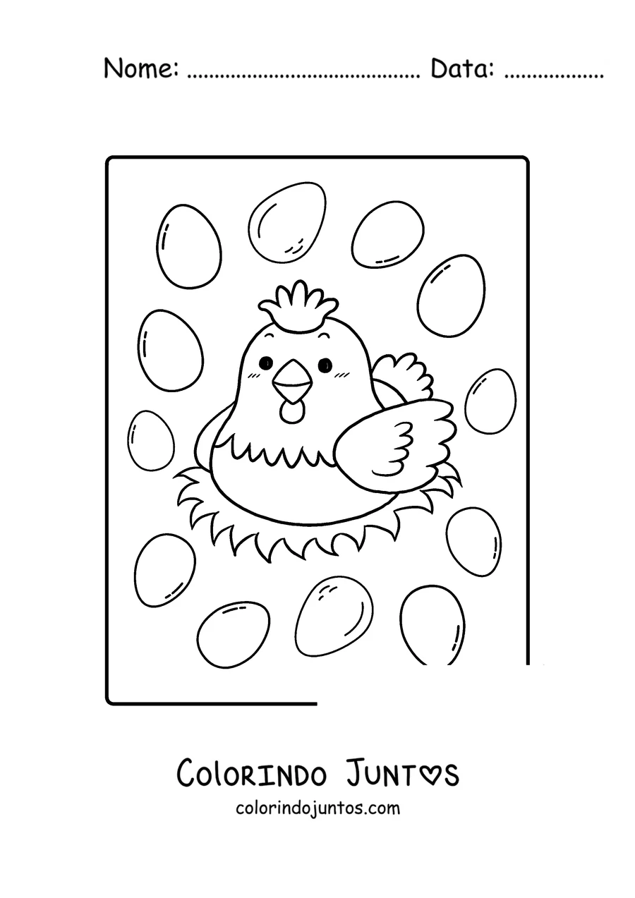 Desenho para colorir de uma galinha no ninho cercada de ovos