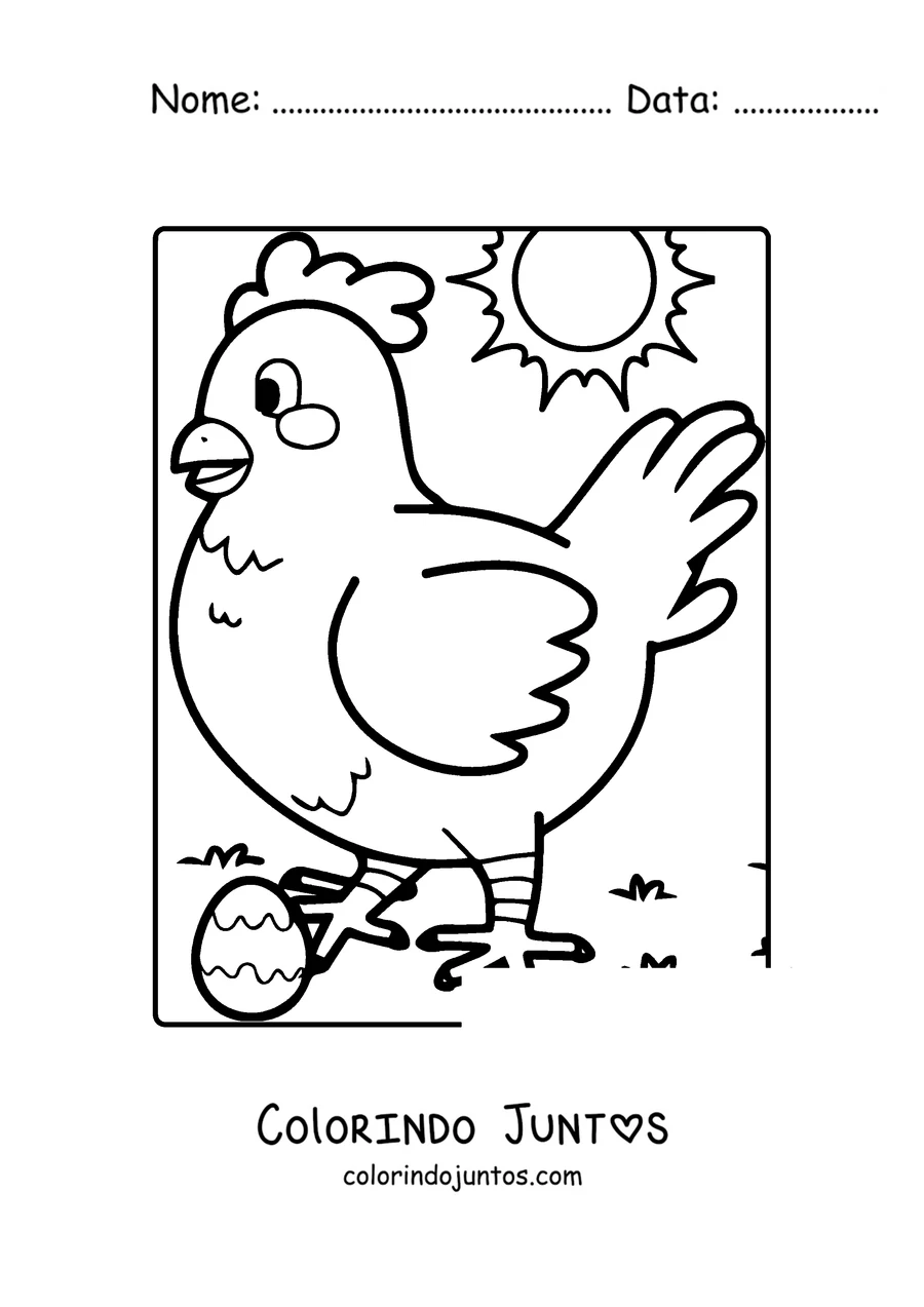 Desenho para colorir de uma galinha andando ao sol com um ovo