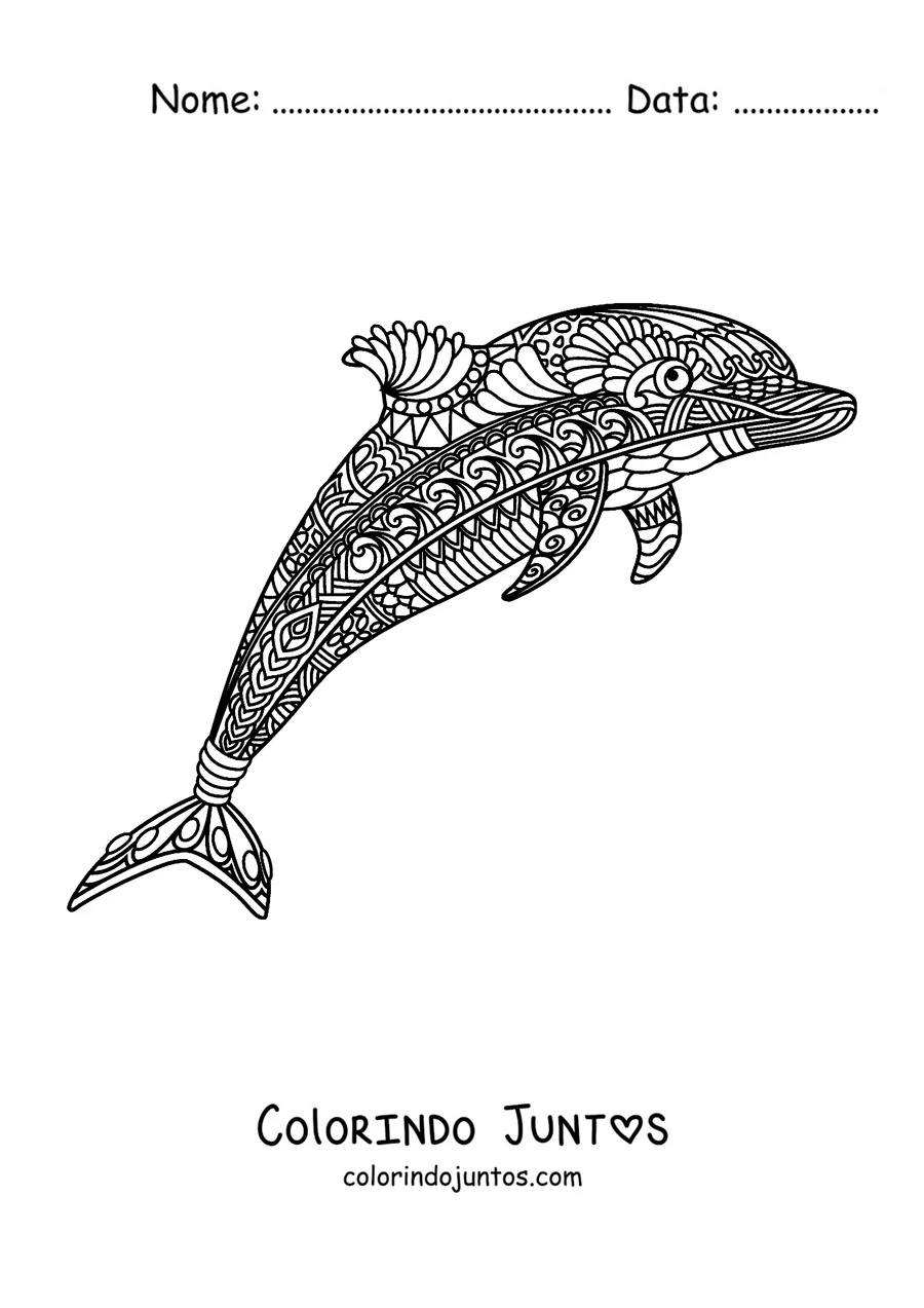 Desenho para colorir de um golfinho decorado com mandalas
