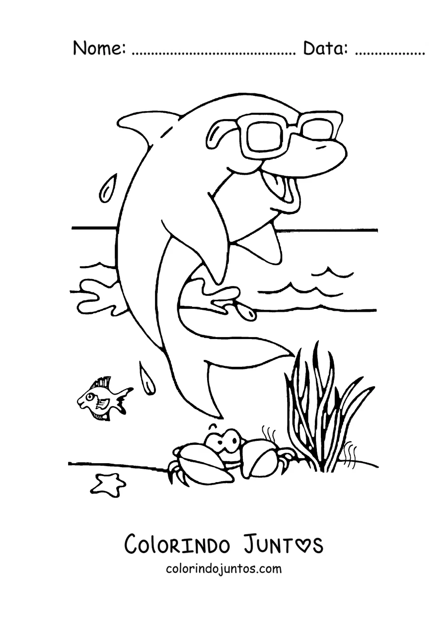 Desenho para colorir de um golfinho de óculos de sol na praia