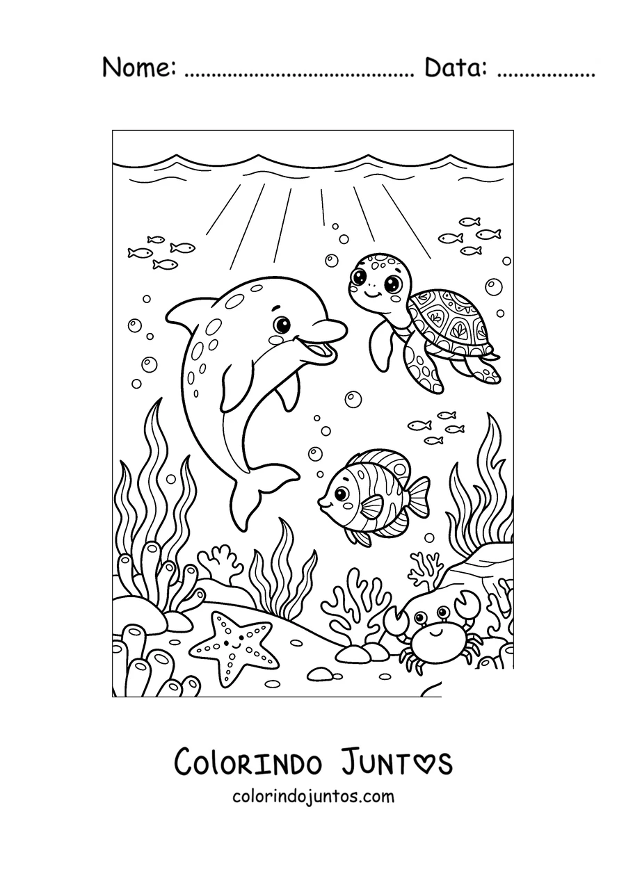 Desenho para colorir de um golfinho brincando com uma tartaruga marinha