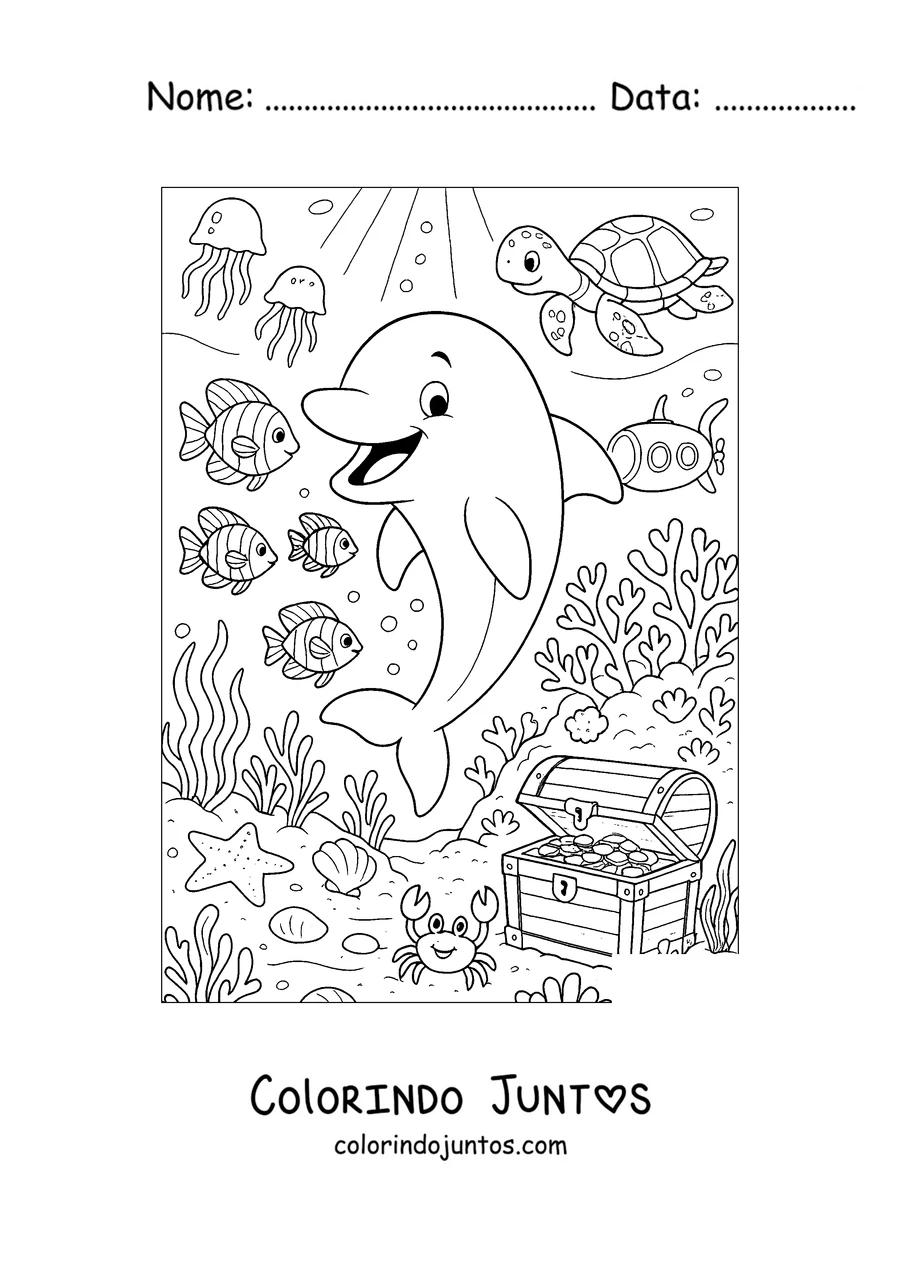 Desenho para colorir de um golfinho explorando o fundo do mar com um baú de tesouro