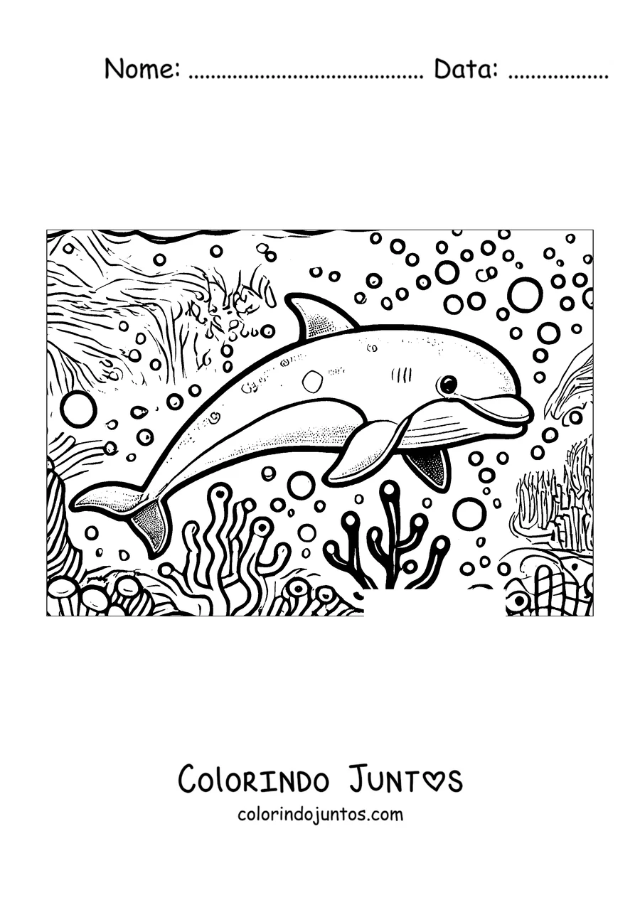 Desenho para colorir de um golfinho nadando no recife de coral