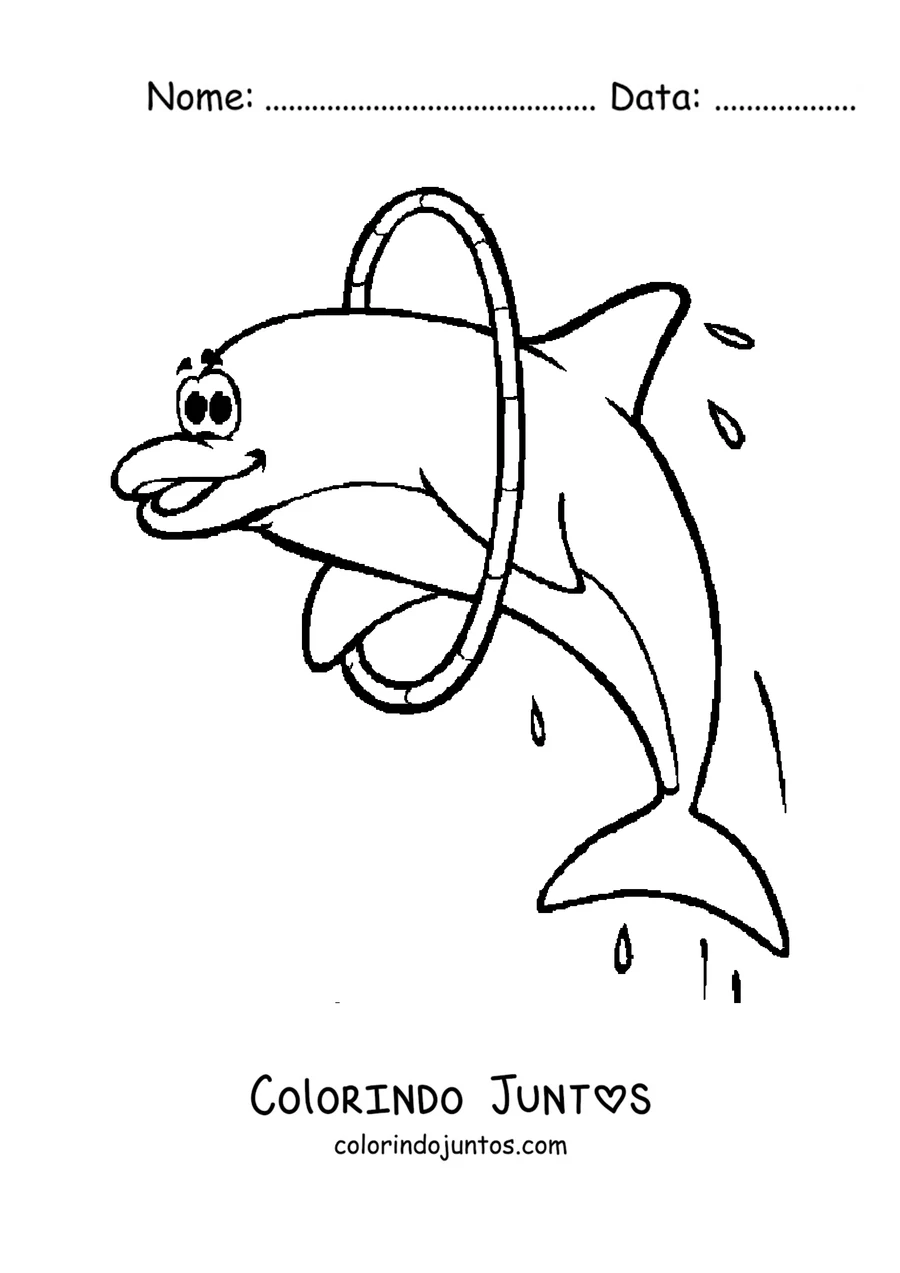 Desenho para colorir de um golfinho pulando por um arco