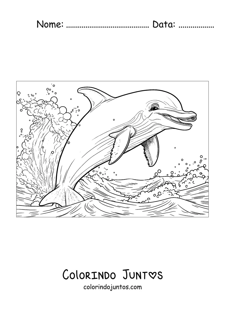 Desenho para colorir de um golfinho realista saltando entre as ondas
