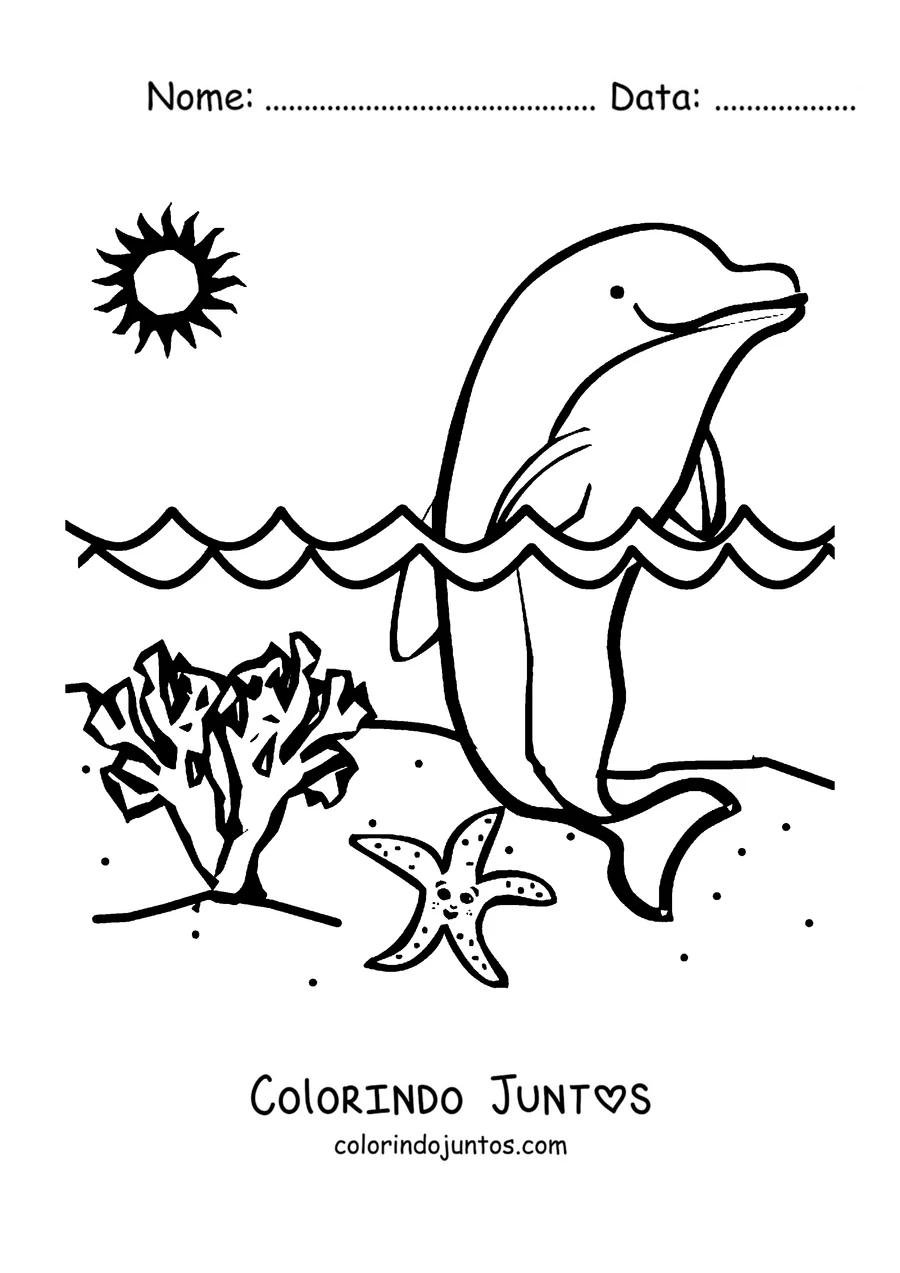 Desenho para colorir de um golfinho saltando diante do sol