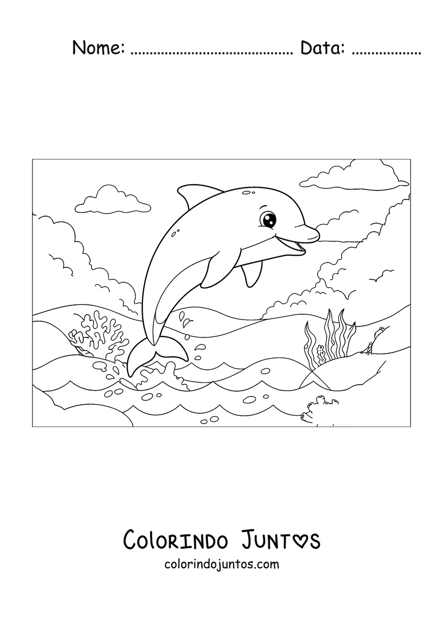 Desenho para colorir de um golfinho saltando sobre o mar