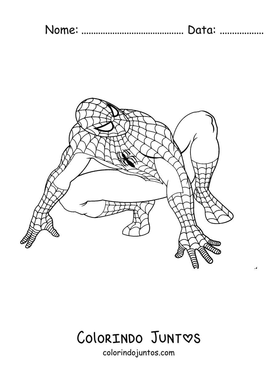 Desenho para colorir do Homem-Aranha agachado de quatro pronto para pular