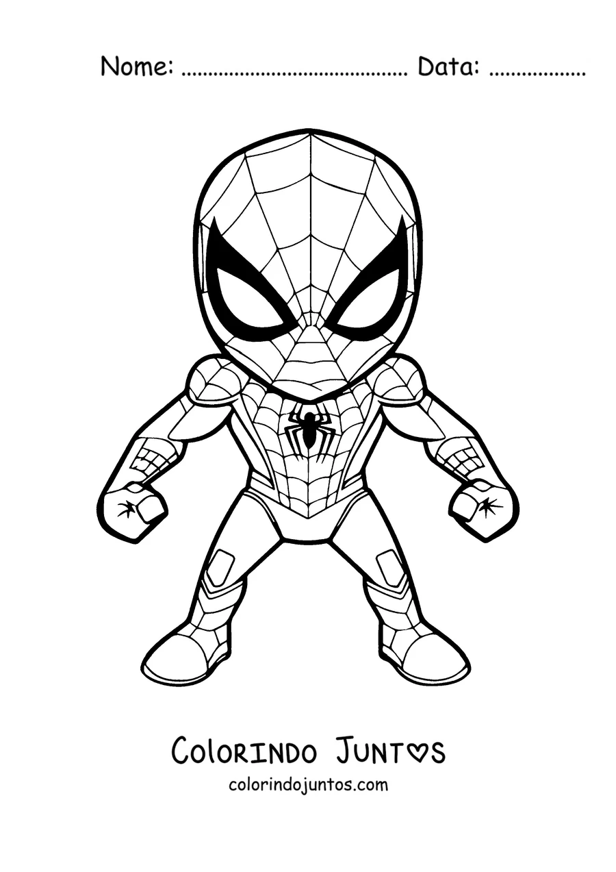 Desenho para colorir de um Homem-Aranha pequeno e simpático em pé com o uniforme