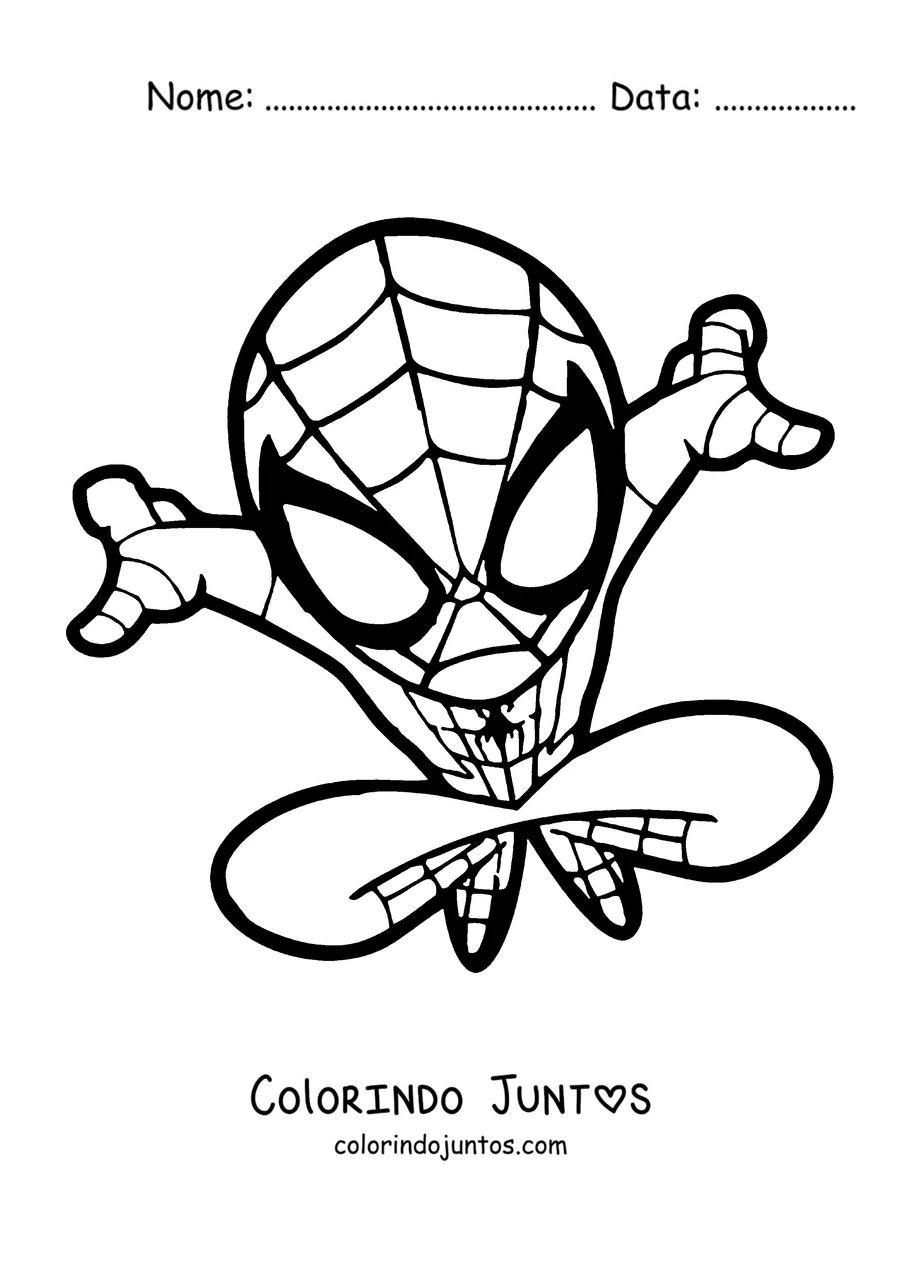 Desenho para colorir do Homem-Aranha em versão chibi pulando bem feliz
