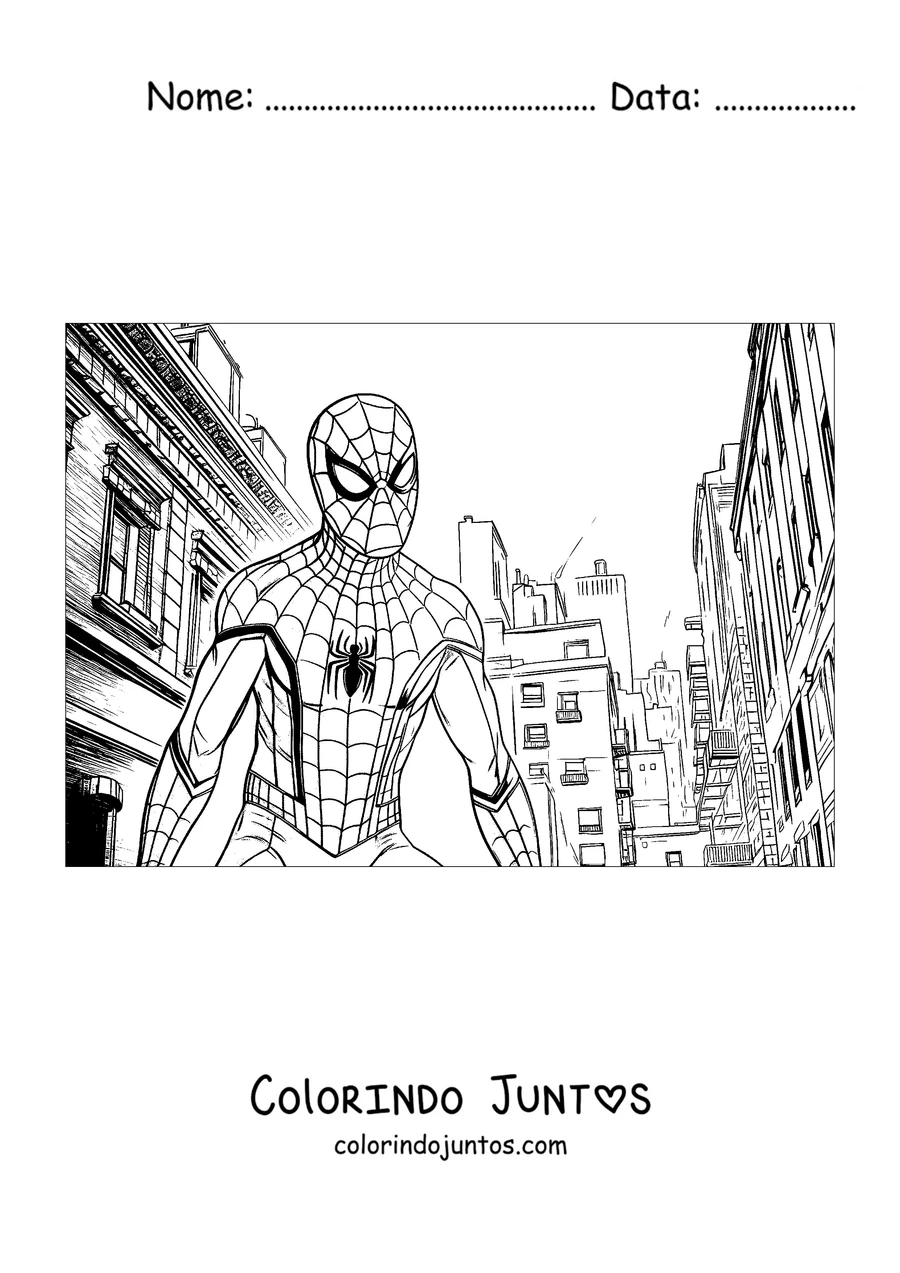 Desenho para colorir do Homem-Aranha em pé em uma rua cercada de prédios