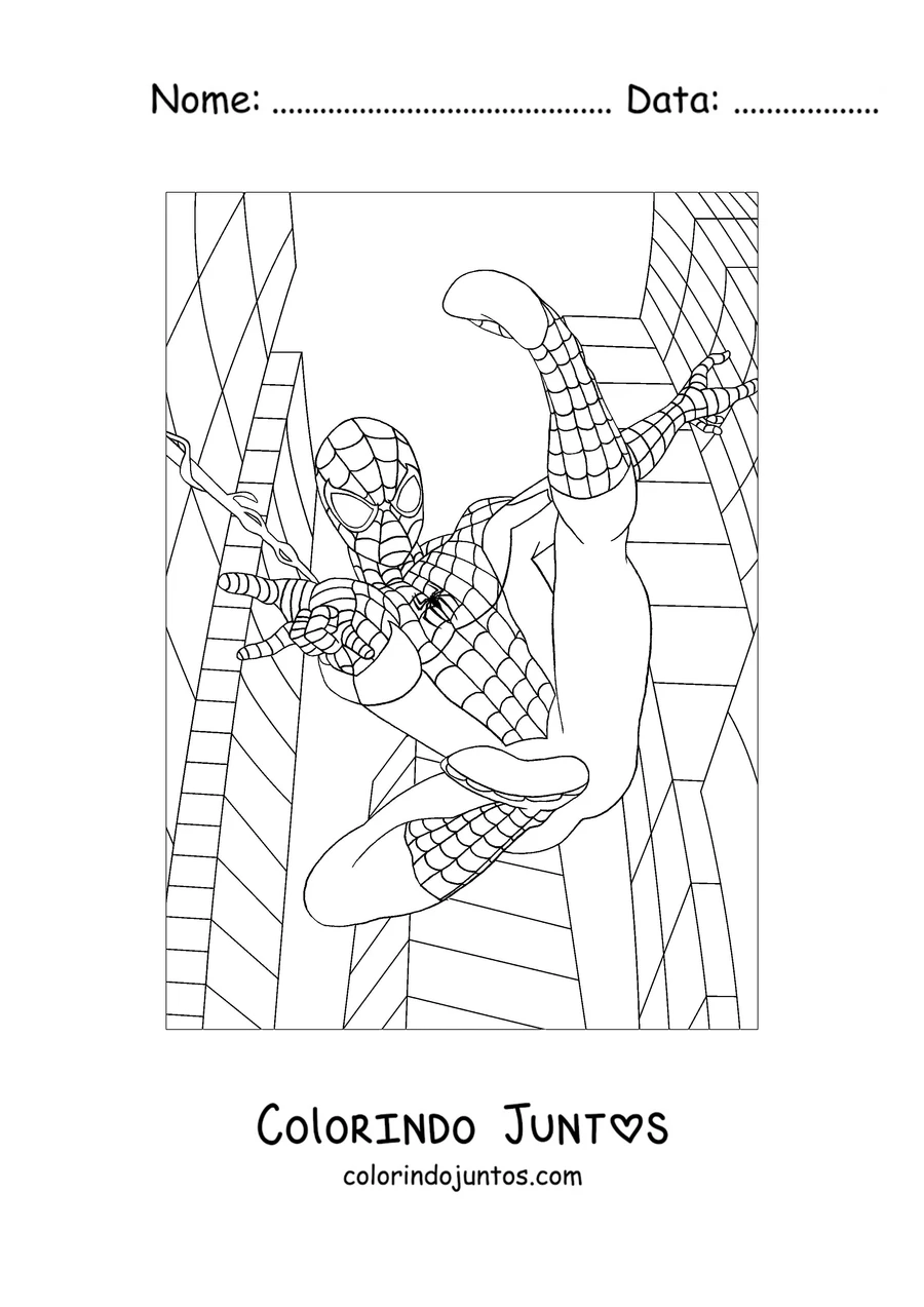 Desenho para colorir do Homem-Aranha escalando entre dois arranha-céus bem altos