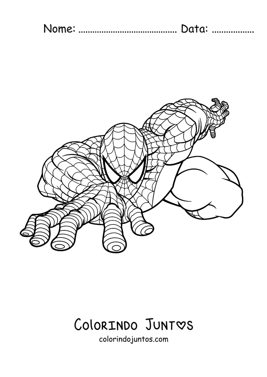 Desenho para colorir do Homem-Aranha escalando com o uniforme clássico